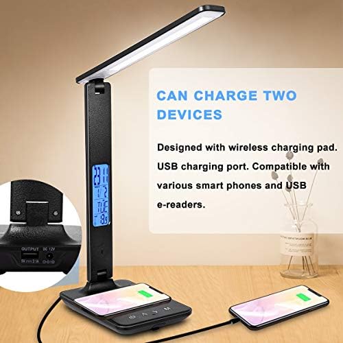 LED Desk Lamp with Wireless Charger, Suitable for Home, Office Dimmable, with USB Charging Port, Built-in Clock, Calendar, Thermometer and Automatic Timing Reading Desk Lamp.