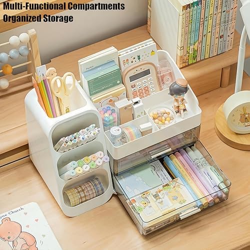 Desk Organizer with Pen Pencil Holder, Pen Organizer with 2 Drawers & 4 Compartments, Desktop Organizers and Storage for Office Home School Art Supplies (White)