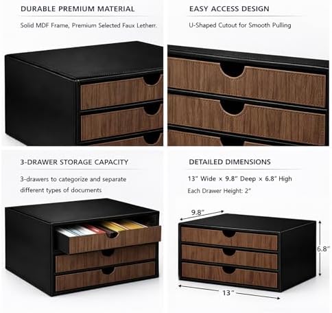 UnionBasic Document Organizer, 3-Drawer File Cabinet Document Storage Box, Office Desktop Filing Organizer, Black with Wood Grain Drawers