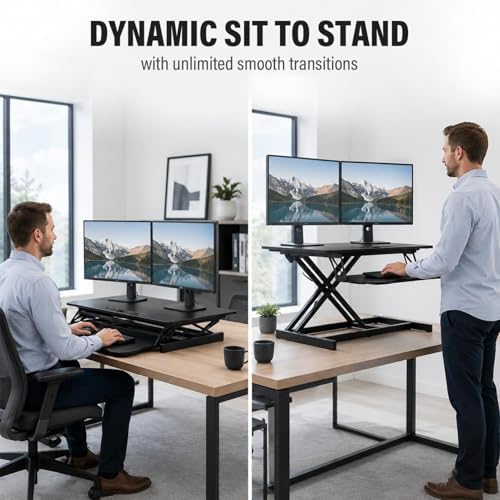 37 Inch Standing Desk Converter, Height Adjustable Desktop Standing Desk, Stand Up Riser Compatibles with 2 Computer, Stand Up Converter Laptop Workstation to 18.8" Tall, Black