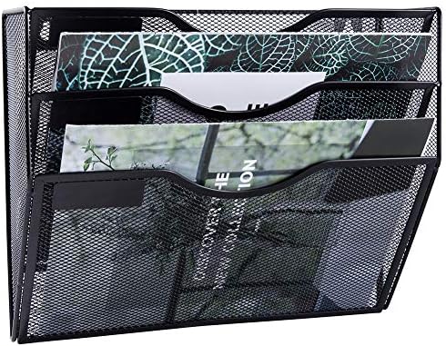 EASEPRES 3 Pocket Mesh Hanging Wall File Organizer, Wall Mounted Mail Paper Document Folder Holder, Clipboard Storage Organization Magazine Rack with Nametag Label for Office Home School, Black