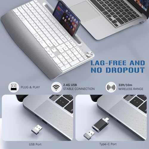 JOYACCESS Ergonomic Wireless Keyboard, 2.4GHz Cordless USB Full-Size Keyboard with Wrist Rest, Quiet Design & Numeric Keypad, Phone Holder for Desktop, Laptop, PC, Mac, Windows -Silver White
