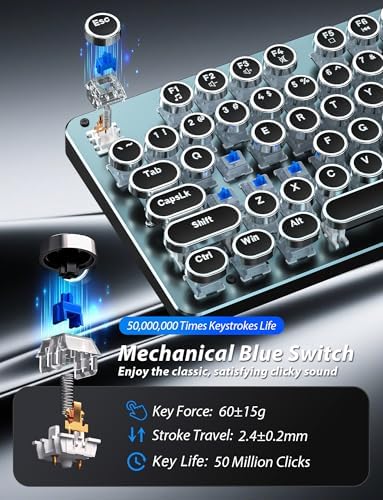 Typewriter Style Mechanical Gaming Keyboard Blue Switch, Rainbow LED Backlit Wired Computer Keyboards Mouse and Pad Combo, Metal Panel Retro Punk Round Keycaps, 104 Keys Anti-Ghost for PC Laptop Gamer