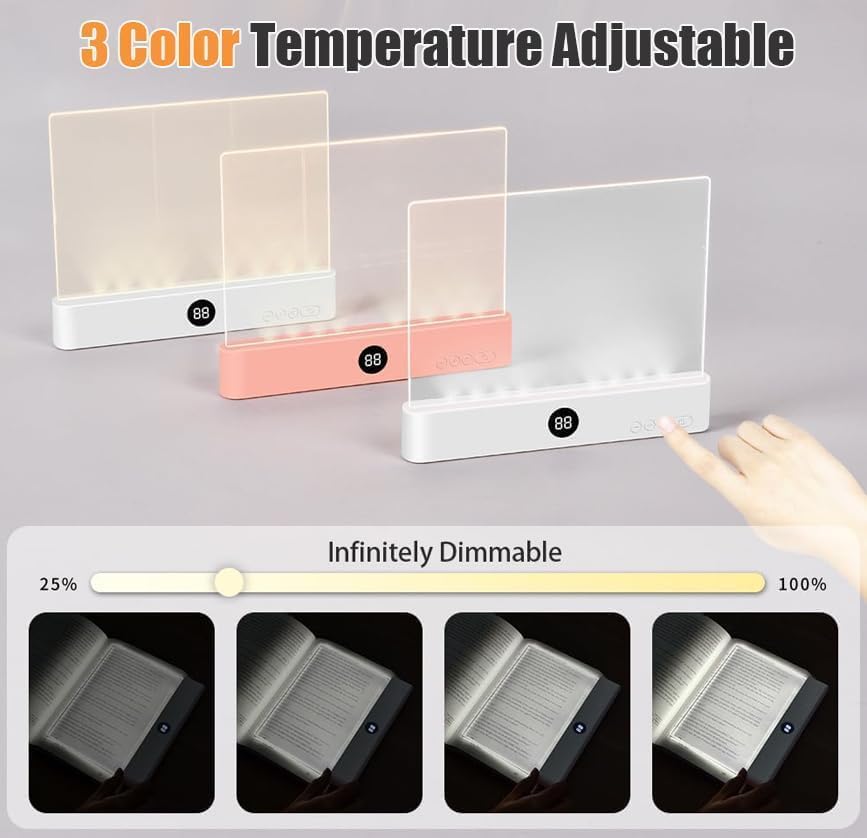 Book Light, 3 Color Adjustable LED Flat Reading Light, Rechargeable Clear Panel Plate Lamp with Timer & Memory Function, Bedside Lamp Book Lovers Gifts for Boys and Girls Women Man (Pink)