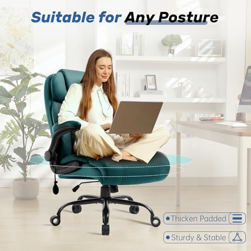 500LBS Big and Tall Executive Office Chair with Adjustable Lumbar Support,Extra Wide Seat for Ergonomic Computer Desk Chair Flip-up Arm,Home Office Chair Spring Cushion Upgraded Metal Base, PU Green