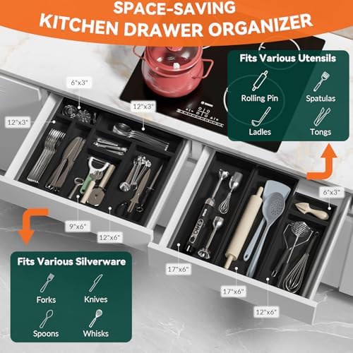 Lixple Bamboo Kitchen Drawer Organizer, 2 Pack, 12" x 6" x 2", Black