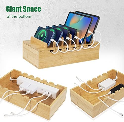 Bamboo Charging Station for Multiple Devices, Desk Docking Stations Organizer Compatible with iPhone Devices, Wood Charging Cell Phone Holder Stand (Includes 6 Cables) (NO Power Supply)