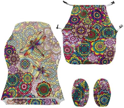 Dragonfly Print Stretch Gaming Chair Cover with Armrest Covers Boho Mandala Flower Print Washable Breathable Gamer Chair Slipcover
