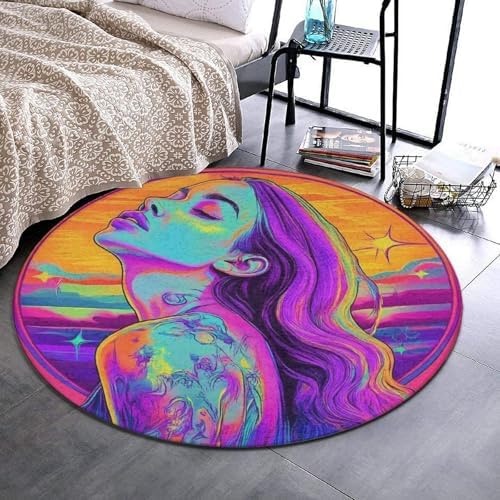 Large Round Area Rug Home Decor Modern Bathroom Rug Kitchen Office Circle Rug for Living Room Sofa Circle Cute Mat Trippy Cool Girl Art, 36inch