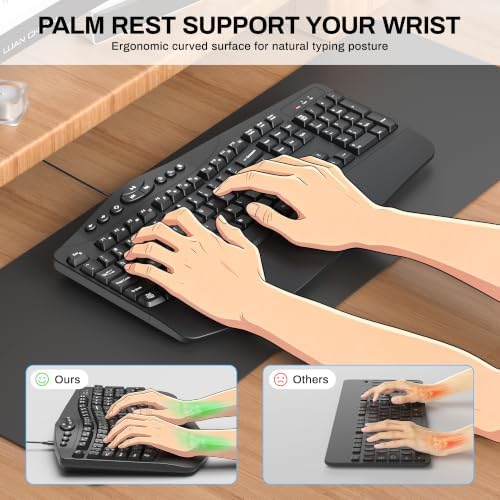 Ergonomic Wired Keyboard with Wrist Rest,9 Independent Shortcut Keys