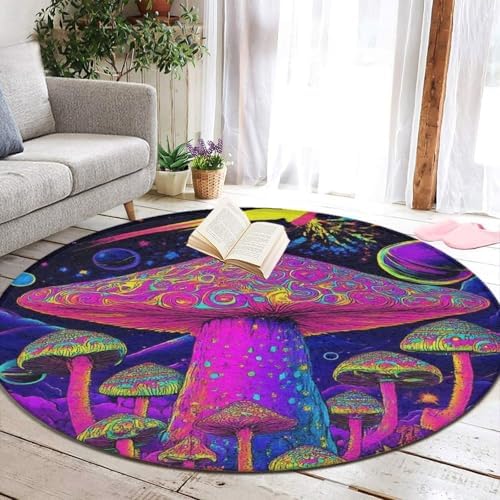 Home Decor Non Slip Kitchen Office Circle Rug, Machine Washable Modern Round Area Rug, Room Sofa Yoga Soft Round Carpet Trippy Purple Mushrooms, 24inch
