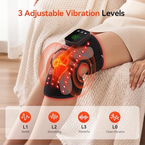 Red Light Therapy Knee Massager Device, 660nm & 850nm Infrared Heat & Vibration Cordless Knee Massager 5000mAh Rechargeable for Knee, Elbow, Shoulder Joint Massage Therapy-Black