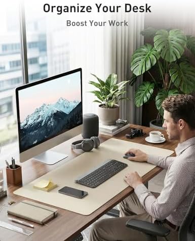 Aothia Faux Leather Desk Mat - Non-Slip PU Leather Desk Blotter, Waterproof Writing Surface, Large Desk Pad for Office & Home (Beige, 55" x 24")