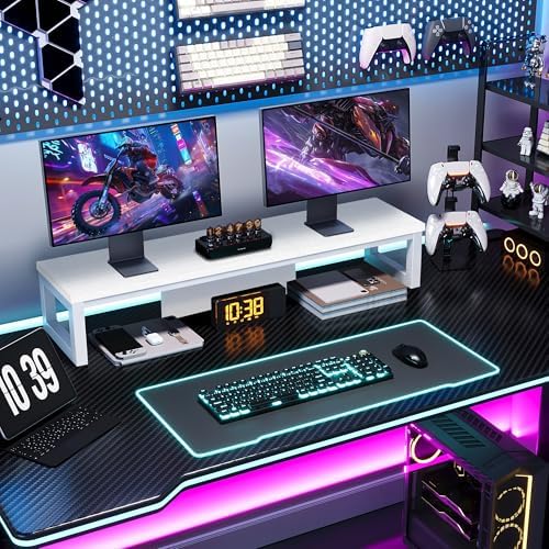 Dual Monitor Stand Riser, Large Computer Monitor Stand for 2 Monitors, Multi-Purpose Desk Organizers and Accessories, Wood and Steel Desk Shelf for Computer, Laptop, Printer, TV, White