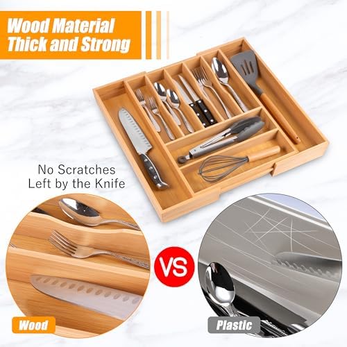 Bellsal Large Premium Bamboo Silverware Organizer - Expandable Utensil Drawer Organizer - 17"x19.6" Utensil Holder and Cutlery Tray with Grooved for Kitchen Flatware and Utensils