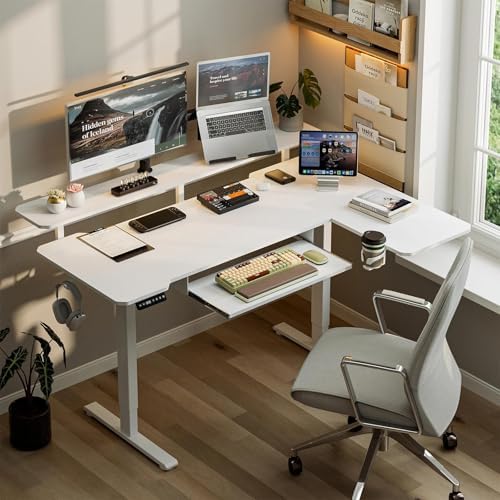 Acrolix 59" L Shaped Standing Desk with Shelves Keyboard Tray,White