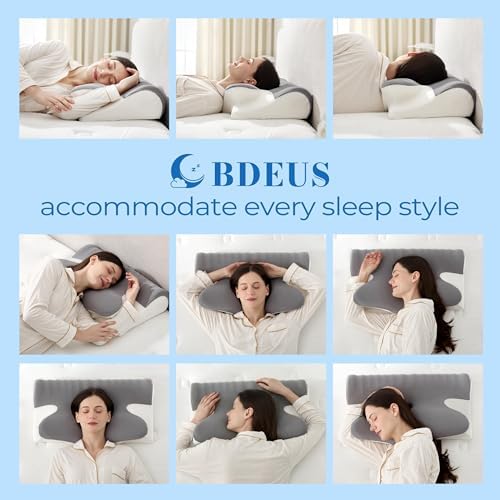 BDEUS Ergonomic Cervical Pillow for Side Sleepers, 2-in-1 Contour Orthopedic Memory Foam Pillow for Neck Shoulder Pain Relief, Sleep Apnea, Anti Snore, Pillow with Arm Rest, Head Cradle, Grey