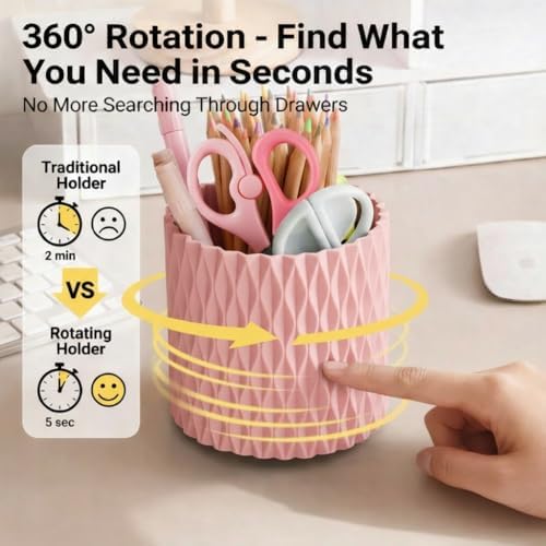 Pink Pen Holder for Desk, 360° Rotating Pencil Organizer, 5 Slots
