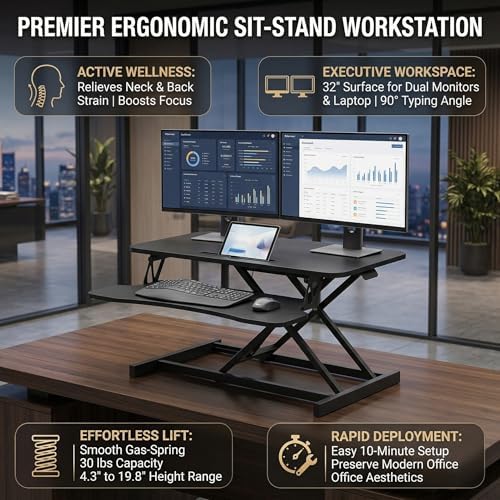 Standing Desk Converter 32" - Sit to Stand Desk Converter for Dual Monitors - Height Adjustable Desk Riser for Standing - Home Office & Corporate Use - Relieve Back Pain (Black)