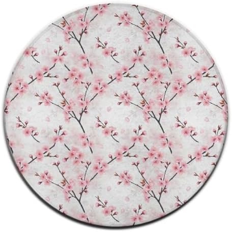 Large Home Decor Mat, Soft Round Yoga Carpet, Non Slip Machine Washable Home Office Circle Rug Cherry Flowers Blossom Japanese Art, 36inch