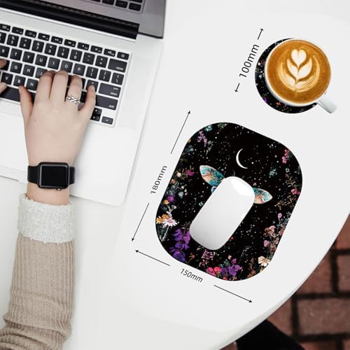 Small Mouse Pad，Mini Mouse Pad 6 x 7 Inch，for Laptop Keyboard Tray Wireless Mouse Home Office Travel，with Non-Slip Rubber Base, Waterproof Mouse Mat，Flower Moon Butterfly