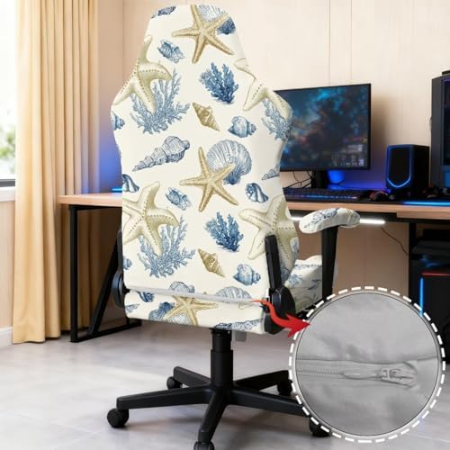 Starfish Seashell Coral Print Gaming Chair Cover with Armrest Covers Stretch Anti Dust Furniture Protector Washable Anti Slip Computer Chair Slipcover