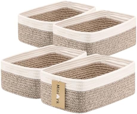 MiniArk Small Storage Baskets for Organizing | Closet Organizer Bins | Shelf Toy Basket | Woven Rope Baskets | Cube Decorative Box | Shallow Basket | 13x8.5x5.1” | 4 Packs White Brown