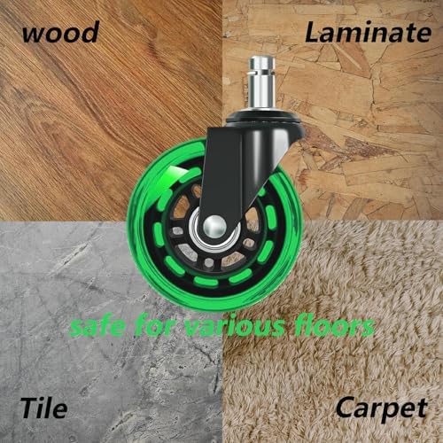 3" Office Chair Wheels for Casters Replacement Set of 5 - Office Caster Wheels for Carpet,Computer Chair Wheels,Smooth & Mute for Hardwood Floors and Mats. (Green Transparent)