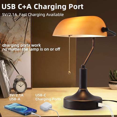 Vintage Bankers Desk Lamp with Pull Chain Switch, Traditional Desk Lamp with USB A and Type C Charging Port, Oil Rubbed Bronze Table Lamp with Amber Glass Shade for Office, Library, Study Room