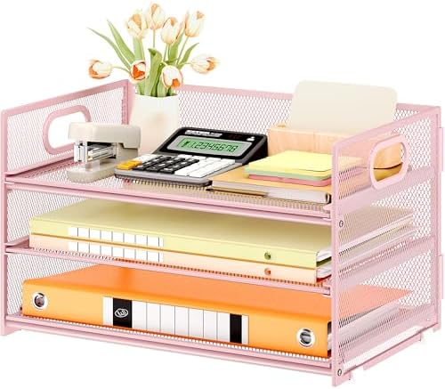 Subekyu 3 Tier Paper Letter Tray Organizer for Desk, Pink Metal Mesh File Folder Sorter Organizer with Handle and 1 PC Sliding Tray for Home Office School Desk Supplies Organization Storage