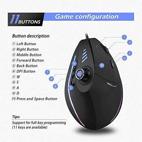 ZEER Ergonomic Vertical Mouse, RGB Wired Vertical Gaming Mouse with Joystick, 10000 Max DPI and 11 Programmable Buttons for Gamers, Computer