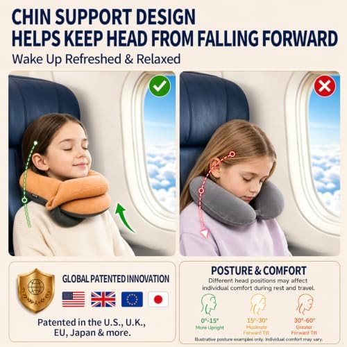 BUYUE Kids Travel Pillows for Airplane, Memory Foam 360° Head Support Sleeping Essentials for Long Flight, Skin-Friendly Soft Neck Pillow for Traveling in Car Seat, (Small, Orange Grey, 40-90 lbs)