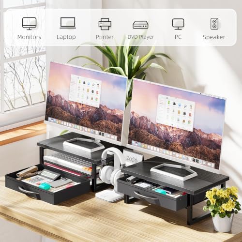 Ekisemio 2-Tier Monitor Stand with Fabric Drawer – Wood and Metal Computer Riser, Desk Organizer for Office, Black