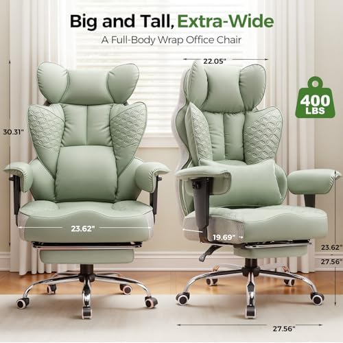 GTPOFFICE Big and Tall Office Chair 400LBS Wide Seat Computer Gaming Chair with Footrest & Comfy Lumbar Support, Leather High Back Executive Chair with Ergonomic Pressure Relief Seat Cushion, Green