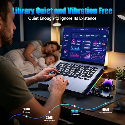 Laptop Cooling Pad with 12 Quiet Fans, Slim Portable for 12-17.3 Inch Laptop Cooler Stand, RGB Lighting, with 5 Height Adjustable, Gaming Cooling Fan Pad,Two USB Ports, Phone Holder (LCD)