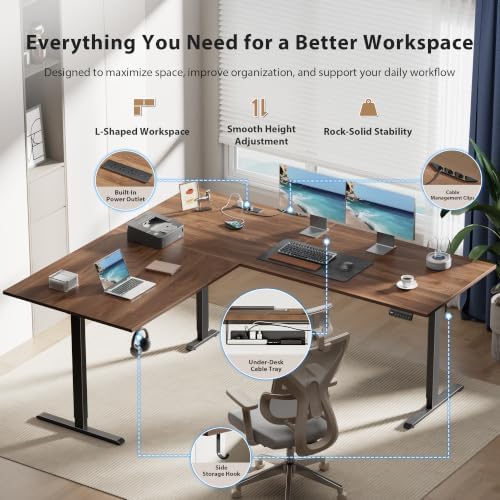 75x61 Inch L Shaped Electric Standing Desk, Corner Workstation, Dark Walnut