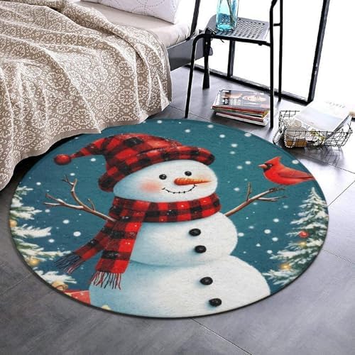 Soft Round Yoga Carpet, Office Chair Decor Round Mat for Carpet and Hardwood Floors Christmas Snowman