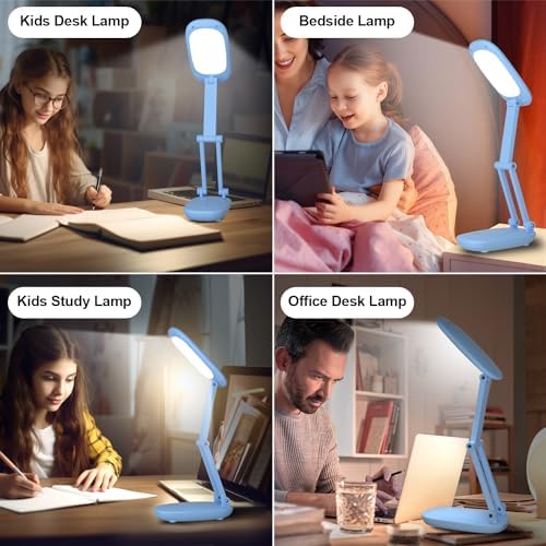 Akejrym LED Desk Lamp for Office & Home, Battery Operated, Foldable & Portable Light, 2-Fold Bracket, 3 Brightness Dimmable, Wireless Reading Lamp (Blue)