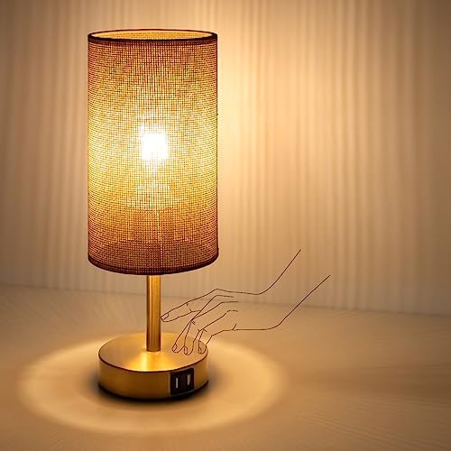 Yarra-Decor Bedside Lamp with USB Port - Touch Control Table Lamp for Bedroom Wood 3 Way Dimmable Nightstand Lamp with Round Flaxen Fabric Shade for Home Office (LED Bulb Included) (Y - NET)