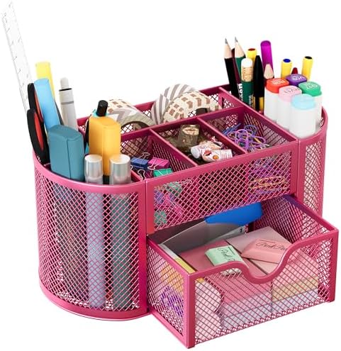EasyPAG Mesh Pen Holder Desk Organizer with Drawer Stationery Supplies Organizer for Dorm School 9 Compartments Workspace Desk Accessories Organization for Office, Hot Pink