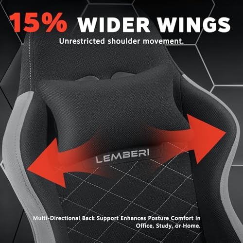 LEMBERI Ergonomic Big & Tall Gaming Chair with Footrest, Gray Fabric