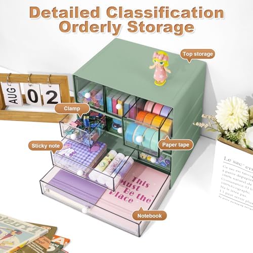 Desk Organizer with 9 Drawers, 4 Tier Plastic Stackable Storage Drawers for Desk Storage, Office Stationary Makeup Organizer Suit for Home, Office and School