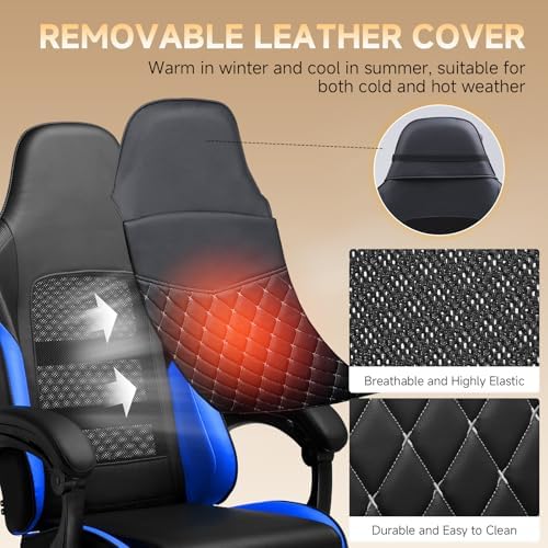 GTPLAYER Gaming Chair, High Back Leather Computer Gaming Chair with Footrest, Ergonomic Height Adjustable Office Chair with Removable Cover and Lumbar Support for Gaming & Work,Blue