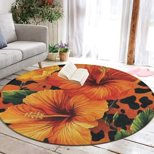 Highly Premium Quality Floor Mat, Office Chair Decor Mat, Room Sofa Yoga Soft Round Carpet Orange Yellow Flower Floral Cheetah Leopard Print, 24inch