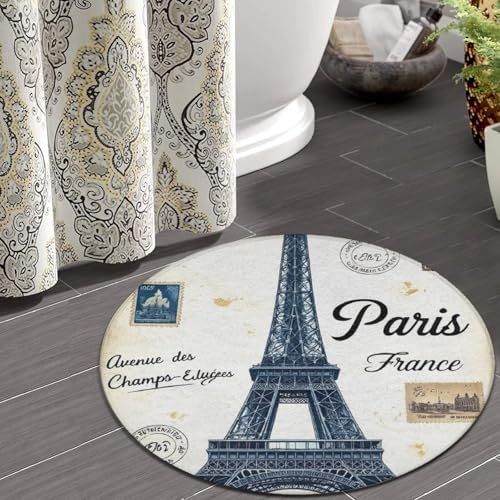 Men's Large Home Decor Mat, Soft Round Yoga Carpet, Non Slip Machine Washable Home Office Circle Rug Eiffel Tower