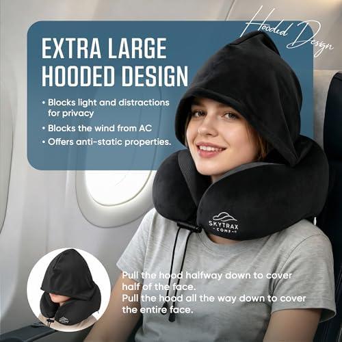 SkytraxComf® Travel Neck Pillow with Hood for Privacy on Long Flights