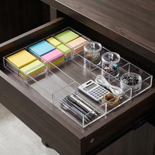 Peohud 2 Pack Acrylic Drawer Organizer Tray, 6/3 Section Clear Makeup Tray Organizer for Drawer, Junk Drawer Storage for Office Desk Supplies and Accessories