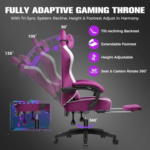 GTPLAYER Gaming Chair, Ergonomic Computer Chair with Footrest and Lumbar Support, High Back Recliner Chair 350lbs, Height Adjustable for Home Office, Purple