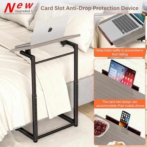 Tv Tray Table, 8-Level Adjustable Height Couch Side Table，90° Tilt Angle Adjustments C-Shaped End Table, with Phone & Tablet Slot Computer Desk for Sofa, Bed, Chair, Living Room（Lvory Gray）
