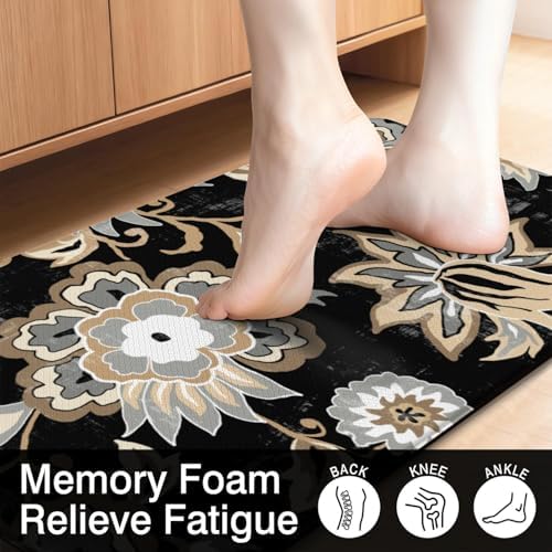 Boho Floral Anti Fatigue Kitchen Rugs, 17.3"x47"+17.3"x29"